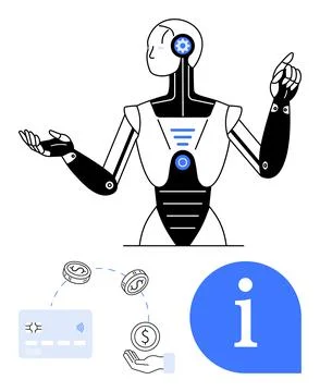 Robot presenting digital financial transaction with NFC card and informatio.. Illustrazione stock