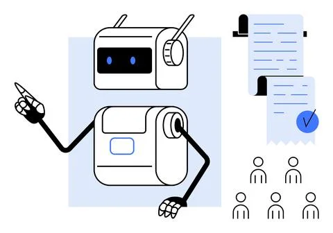 Robot Presenting Document to Audience with Checklist - Concept of Automatio.. Stock Illustration