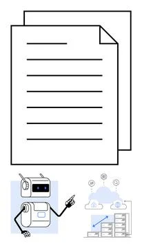 Robot Presenting Documents with Cloud Computing Concept and Data Storage Vi.. Stock Illustration