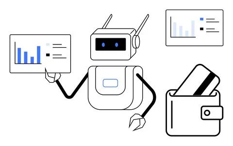 Robot presenting financial data with graphs, holding wallet with credit card. イラスト素材