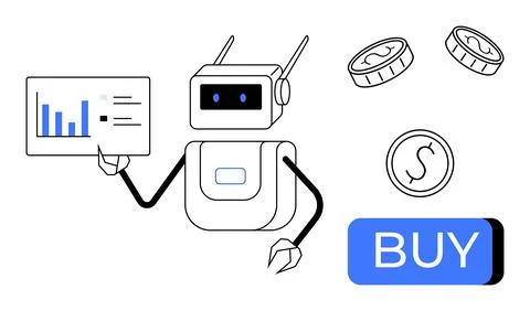 Robot presenting financial data on screen with coins and Buy button. Ideal fo 스톡 일러스트
