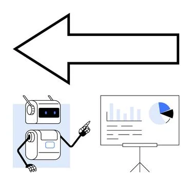 Robot Presenting Graphs on Screen with Left-Pointing Arrow Symbolizing Dire.. Stock Illustration