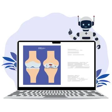 Robot presenting medical illustration of knee joint anatomy on laptop scree.. Illustrazione stock