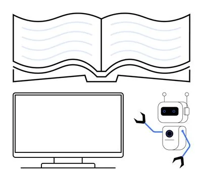 Robot presenting an open book and TV screen combination depicting technolog.. Stock Illustration