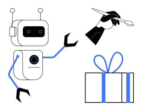 Robot presenting a wrapped gift, while a human hand holds a paintbrush. Ideal Stock Illustration