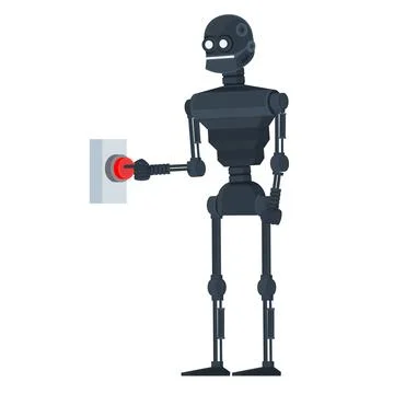 Robot presses the red button. Robot turns on the device Stock Illustration