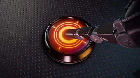 Robot Presses Red Button That Says Start Stock Footage 313990794