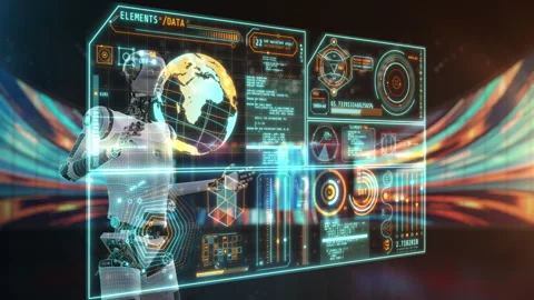 Robot pressing start button, beginning artificial intelligence process 스톡 동영상 317980394