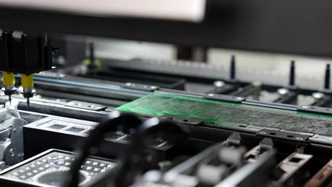 Robot printer at work the printed circuit board is assembled. Surface mount Vidéo 152613541