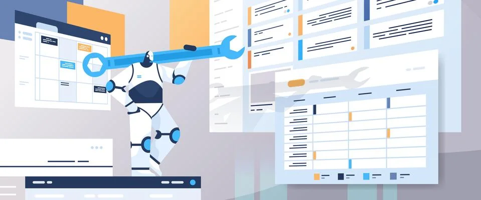 Robot programmer holding wrench robotic developer optimizes software engineering Stock Illustration