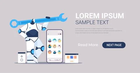 Robot programmer holding wrench robotic developer optimizes software engineering Stock Illustration