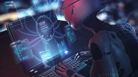 Robot programming AI code on futuristic laptop hologram screen Stock Footage 326023983