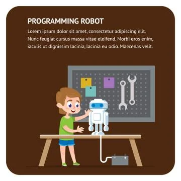 Robot Programming Flat Banner. Young Engineer Boy Stock Illustration