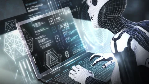 Robot programming futuristic software on a laptop with a HUD interface Stock Footage 311971134