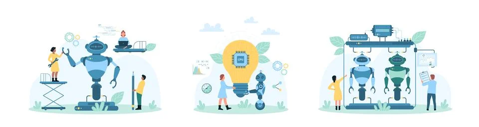 Robot programming, machine learning set, tiny people research high tech AI Stock Illustration