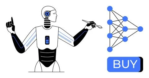 Robot programming neural network with buy button for AI-driven decision-mak.. 스톡 일러스트