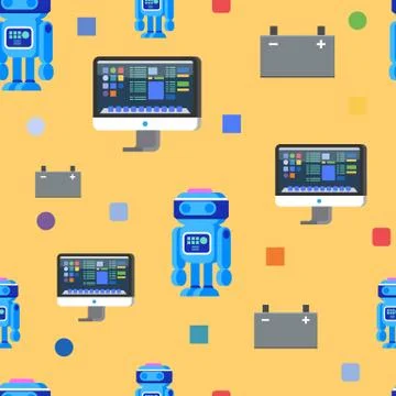 Robot Programming Seamless Pattern. Flat Character Stock Illustration