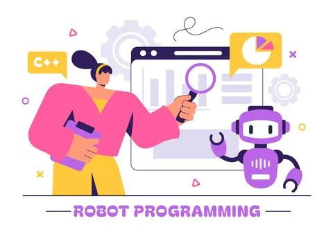 Robot Programming Vector Illustration Featuring an Artificial Intelligence .. 스톡 일러스트