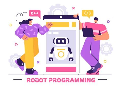 Robot Programming Vector Illustration Featuring an Artificial Intelligence .. Stock Illustration
