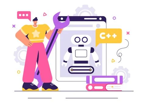 Robot Programming Vector Illustration Featuring an Artificial Intelligence .. Stock Illustration