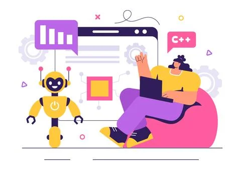 Robot Programming Vector Illustration Featuring an Artificial Intelligence .. 스톡 일러스트