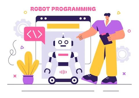 Robot Programming Vector Illustration Featuring an Artificial Intelligence .. 스톡 일러스트