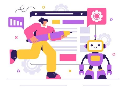 Robot Programming Vector Illustration Featuring an Artificial Intelligence .. 스톡 일러스트