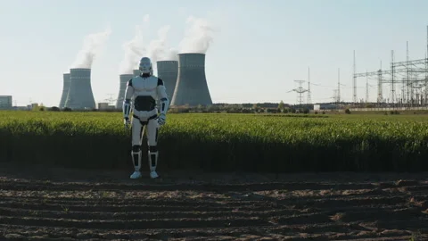 Robot prototype raising hand showing stop sign next to large massive refinery Stock Footage 158229506