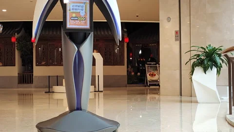 A robot providing information services  at a shopping mall in Shanghai Stock Footage 164319081