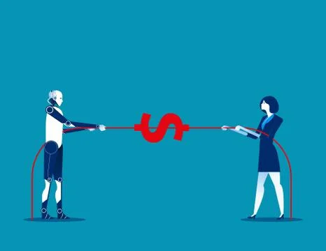 Robot pull the rope with human. Concept business vector illustration. Stock Illustration