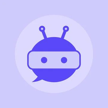 Robot in purple speech bubble. Cute robot icon in speech bubble. Support service Stock Illustration