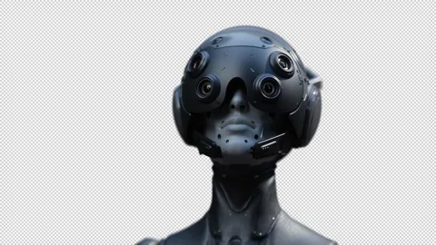 The robot puts on a helmet with the effect of transformation and looks up Stock Footage 271622373