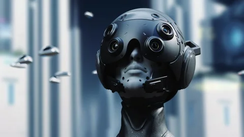 The robot puts on a helmet with a transformation effect and looks at the buil Stock Footage 271622158