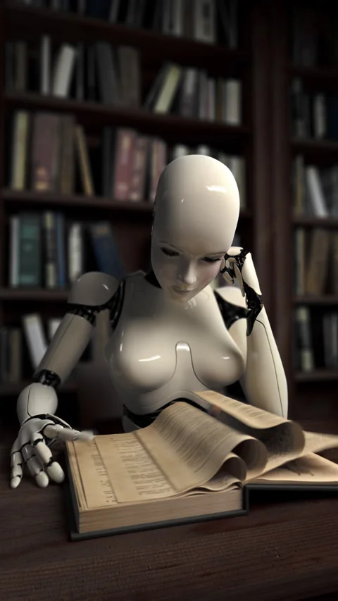 Robot Quickly Reading a Book in a Library,  Conceptual 3d Animation Stock Footage 312465441