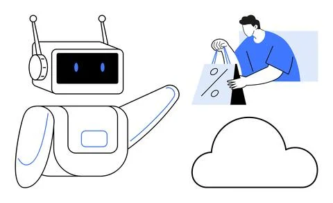 Robot with raised hand, cloud symbol, and person with shopping bags. Ideal fo Stock Illustration