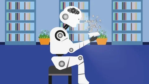Robot reading a book at the library.Machine learning,artificial intelligence. Stock Footage 100980707