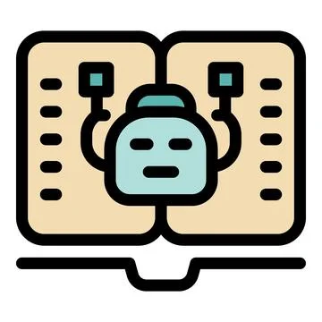 Robot reading electronic book, acquiring knowledge and information, Illustrazione stock