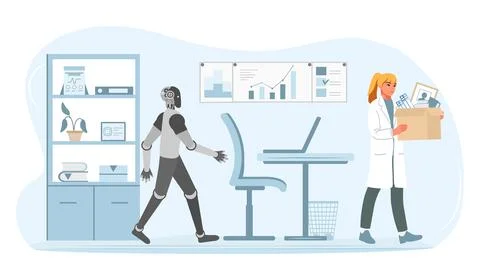 Robot replacing human worker in office setting, symbolizing automation and .. Illustrazione stock