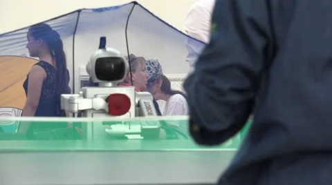 Robot replacing tennis live partner. New technologies. Stock Footage 52362184
