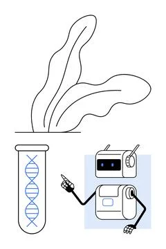 Robot Researcher Analyzing Genetic Data with DNA Helix and Plant Elements Stock Illustration