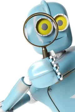 Robot retro looking through a magnifying glass. vintage cyborg Stock Photos