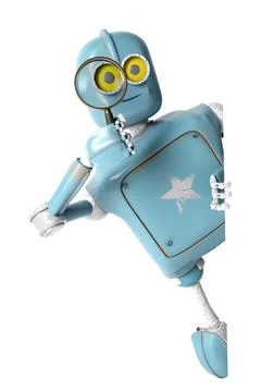Robot retro looking through a magnifying glass. vintage cyborg Stock Photos