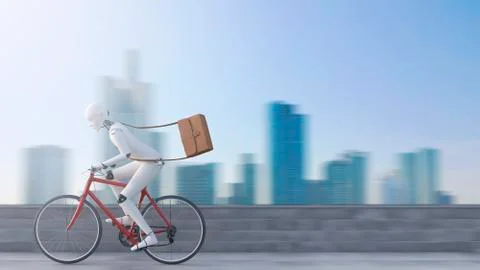 Robot riding bicycle in front of skyline Stock Illustration