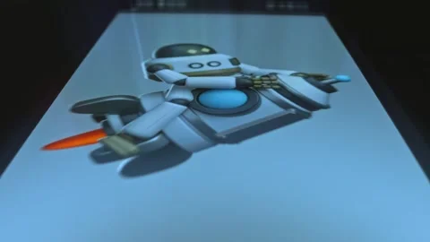 Robot riding a rocket, graphic presentation on smartphone Stock Footage 303630880