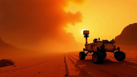 Robot Rover on the Red Planet Under Orange Skies - AI Generated Stock Footage 311174070