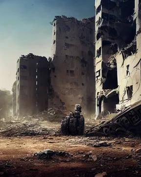 Robot in the ruined city. The concept of the future apocalypse. Digital art.. Stock Illustration