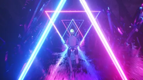 Robot running in abstract outer space along neon geometric shapes and crystals Video stock 137424638