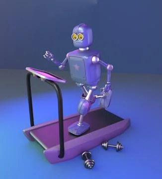 Robot running on a treadmill,neon background,3d render. Stock Photos