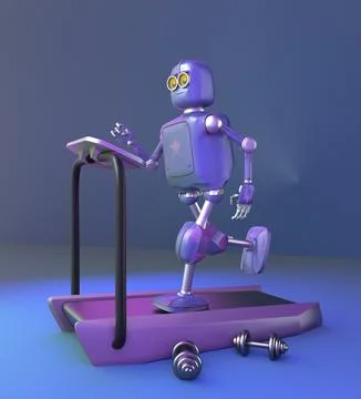 Robot running on a treadmill,neon background,3d render. Stock Photos