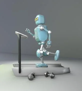 Robot running on a treadmill,white background,3d render. Stock Illustration